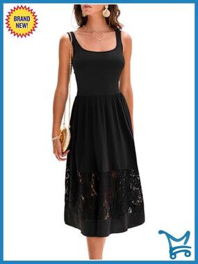 Women Midi A-Line Lace Sleeveless Scoop Neck Cocktail Party Summer Dress